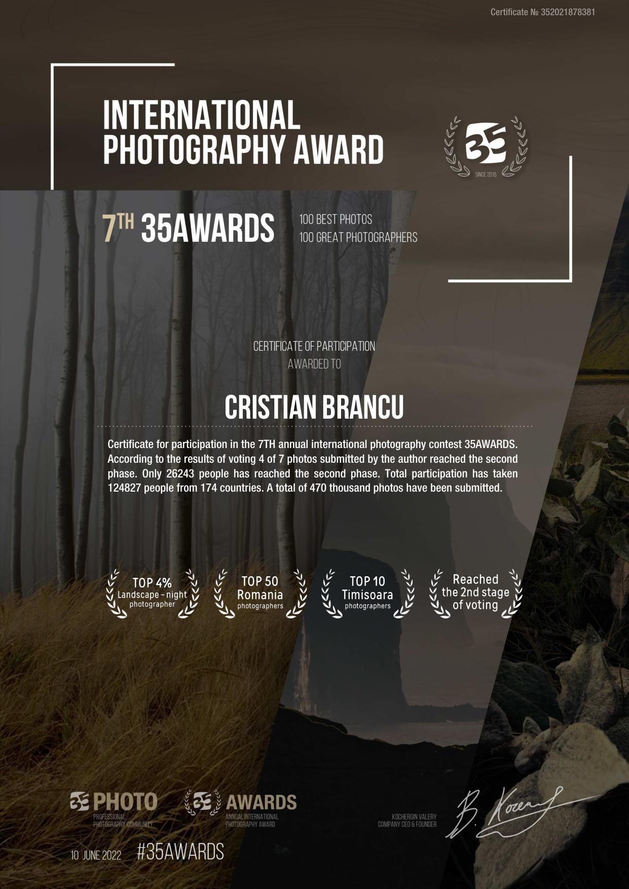 TOP 4% Landscape Night Photographer - 2022 - 35AWARDS
